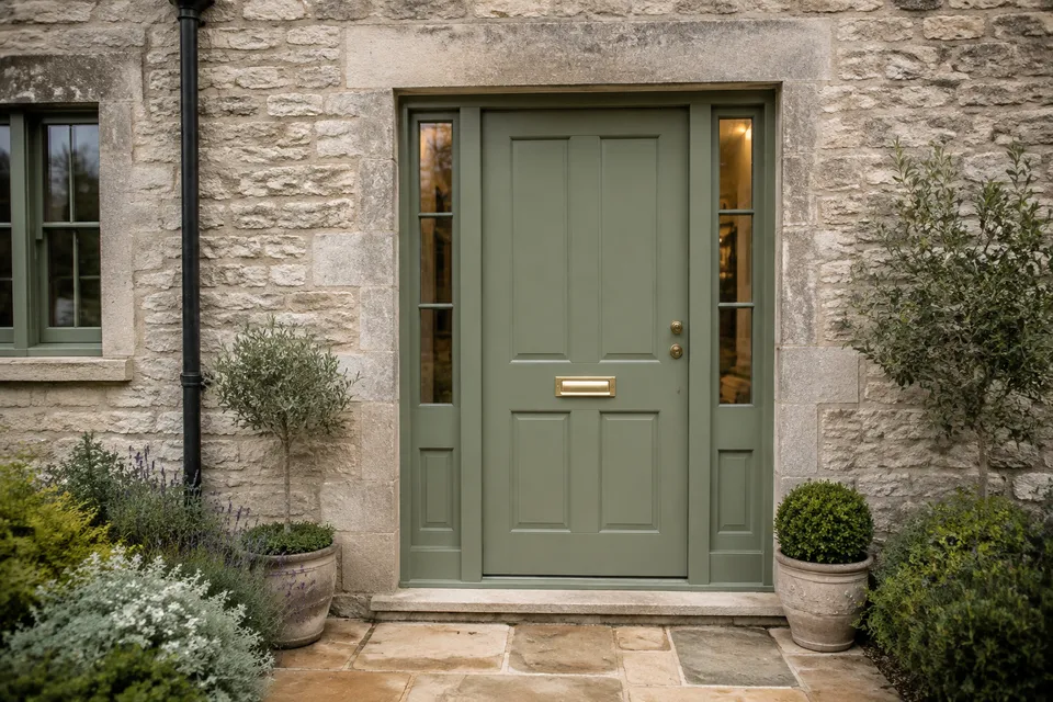 AI concept of a sage entrance door set into warm limestone