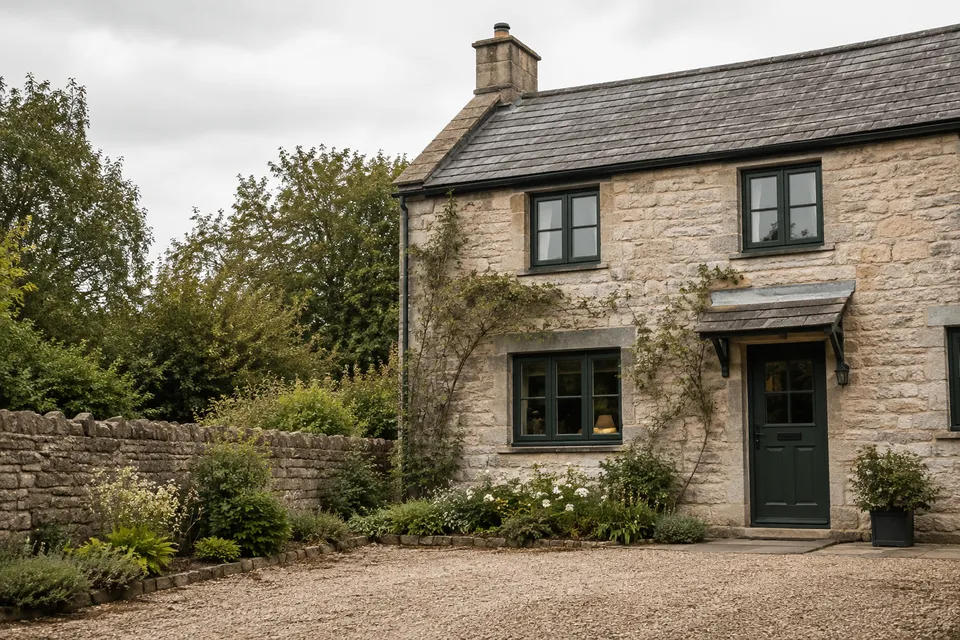 AI concept of a Derbyshire stone home with dark green windows and a sympathetic entrance door
