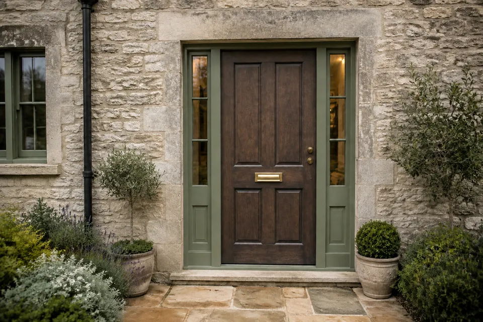 AI concept of an older timber entrance door, before an illustrative replacement