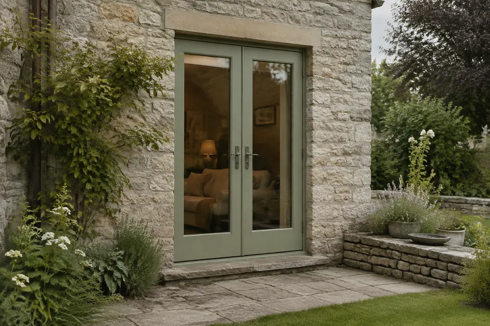 AI concept of muted green glazed French doors opening from a stone home onto a garden terrace