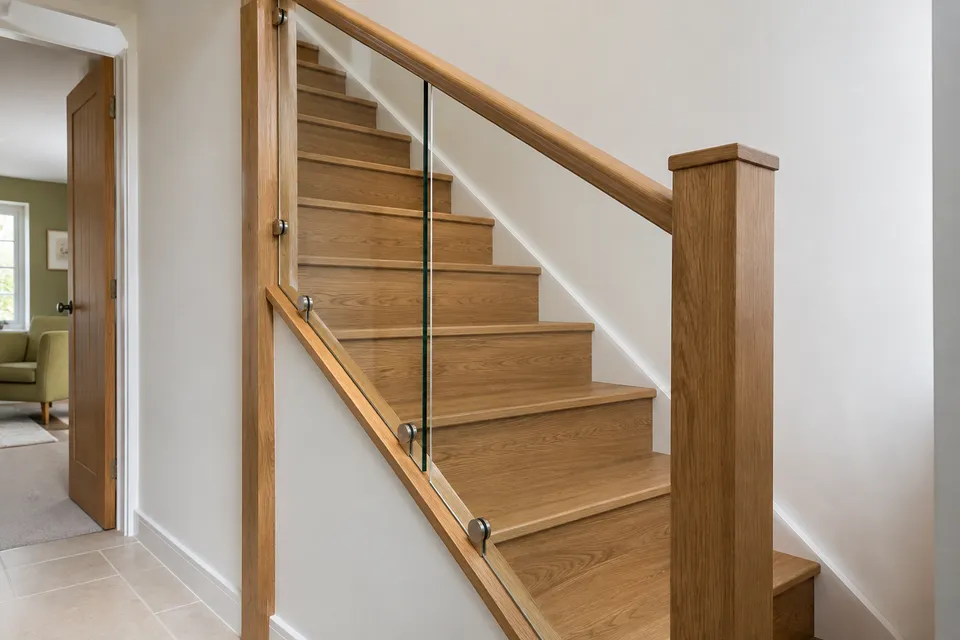 AI concept of a glass stair balustrade with a warm oak handrail
