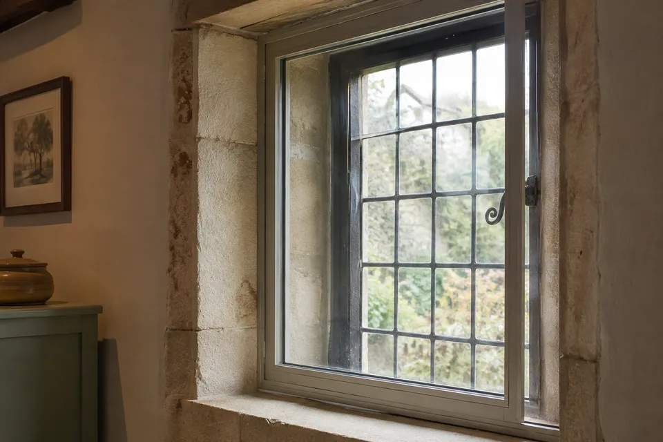 AI concept of a traditional leaded window and discreet secondary glazing in a stone interior