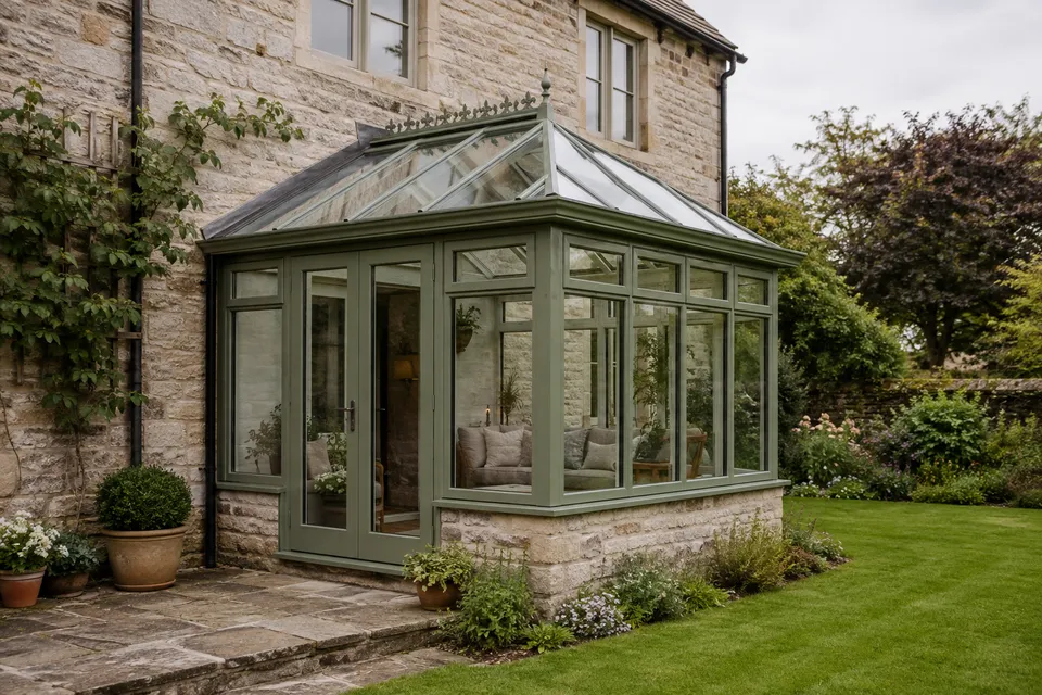 AI concept of a timber conservatory beside a modest stone home